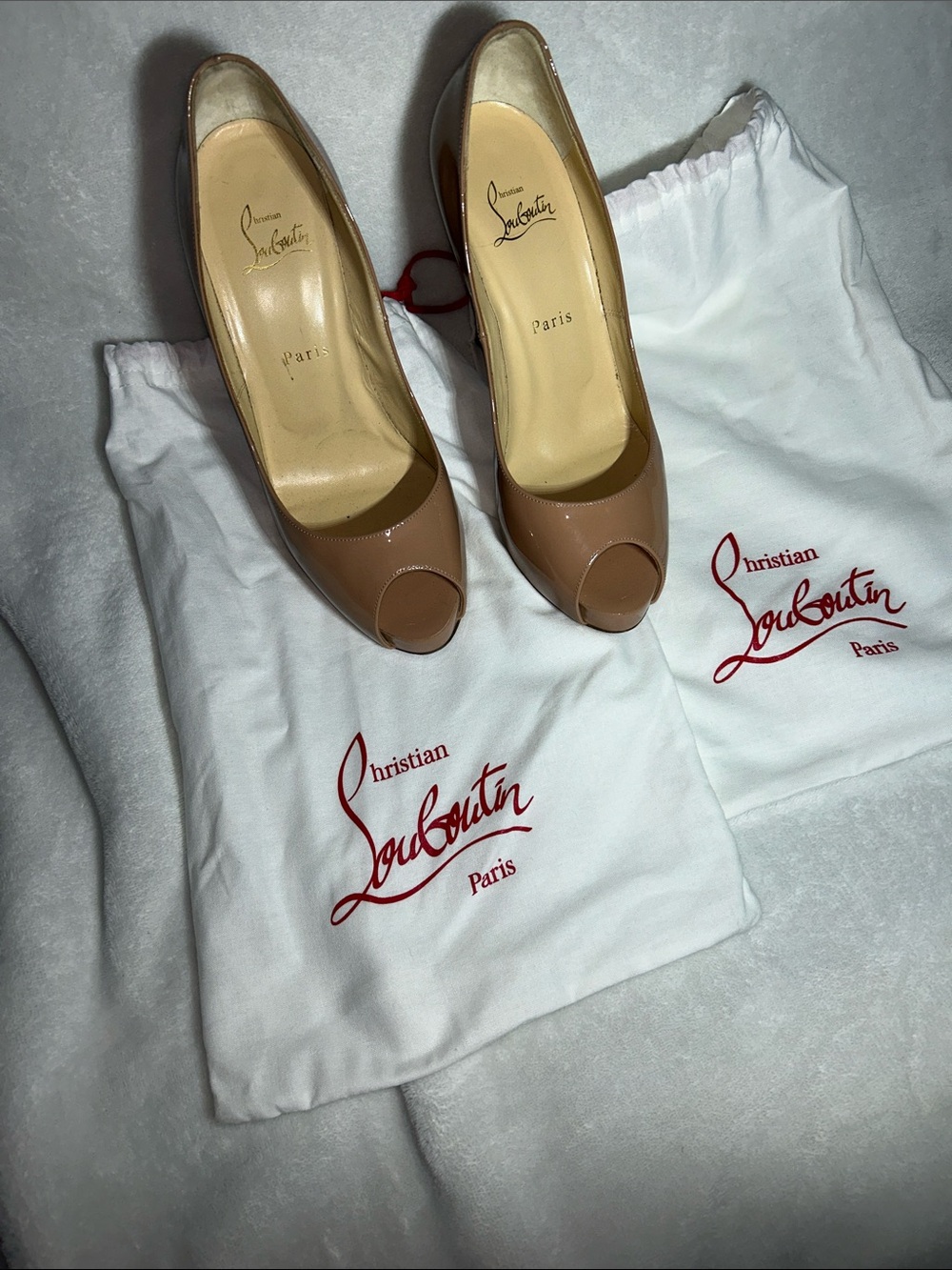 Christian Louboutin Nude Patent Peep-Toe Pumps